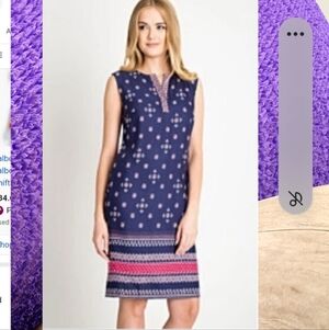 Talbots Womenx Size L Navy and Pink Patterned V-Neck Shift Dress